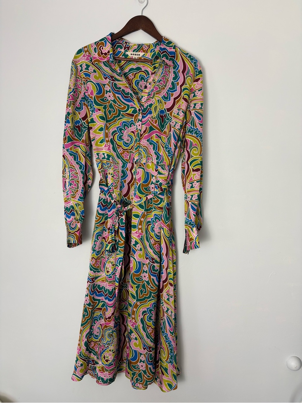 Boden Multicolor Paisley Long Sleeve Tie-Waist Dress